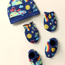 Babyhug 100% Cotton Knit Cap Mittens & Booties Set with Tropical Theme Print Navy Blue - Diameter 10.5 cm-image-35