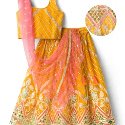 EARTHY TOUCH Woven Sleeveless Choli Lehenge & Dupatta Set With Floral Embriodery - Yellow-picture-3