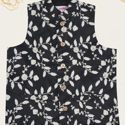 Little Bansi Silk Woven Sleeveless Floral Embroidered Sequins Embellished Nehru Jacket - Black-picture-48