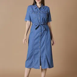 Dream of Glory Inc Roll-Up Sleeves Belted Denim Shirt Midi Dress-picture-1
