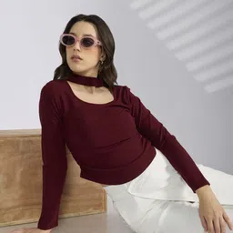 SHOWOFF Women Maroon Solid Cotton Blend Tops-picture-31