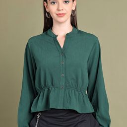 Baawri Women Mandarin Collar Puff Sleeve Cinched Waist Top-picture-37