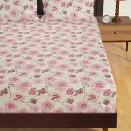 SWAYAM Off-White & Magenta Floral Flat 300 TC Cotton  Bedsheet with 2 Pillow Covers-image-8