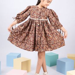 VASTRAMAY Floral Print Tie-Up Neck Bishop Sleeve Fit & Flare Dress-picture-27