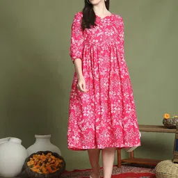 Merira Women Floral Printed Pure Cotton A-Line Dress-image-9