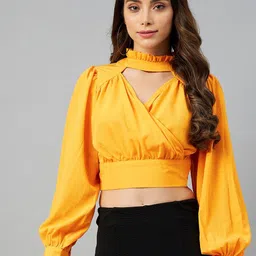 plusS Yellow Solid Mandarin Collar Wrap Crop Top-image-64