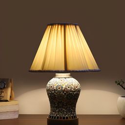 Devansh Off White Printed Wood Bell Shaped Table Lamp-56