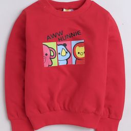 Aww Hunnie Full Sleeves Cartoon Animals Printed Cotton Terry Autumn Winter Sweatshirt - Red-image-38