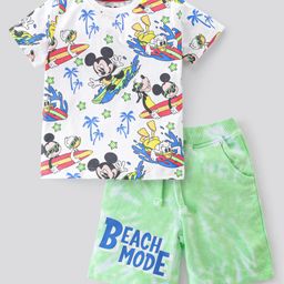 Babyhug Cotton Knit Disney Half Sleeves T-Shirt & Shorts with Mickey Mouse Print - White Blue & Green-image-108