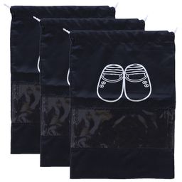 Kuber Industries Parachute Shoe BagWater Resistant & Dust Proof Drawstring OrganizerShoe Storage Bag for Home, Travelling, Pack of 3,Black,-12