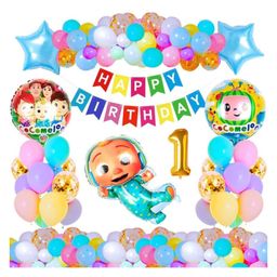 Bubble Trouble 1st Happy Birthday Decoration Little Kids Coco Theme Combo Kit Items With Pastel Balloons HBday Papper Banner For Theme Birthday Party Decorations Multi Color Pack of 37-2