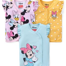 Babyhug Interlock Cotton Knit Frill Sleeves Front Open Jhablas With Minnie Mouse & Daisy Duck Graphics Pack of 3 - Pink Yellow & Blue-image-16