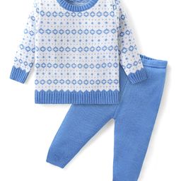 Babyhug Knitted Full Sleeves Pullover Sweater & Pant Set with Aztec Design - Blue-picture-28