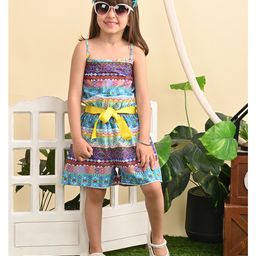 Superminis Sleeveless Aztec Printed Jumpsuit With Belt - Sky Blue-image-94