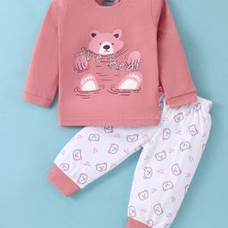 Mini Taurus Cotton Knit Full Sleeves T-Shirt & Lounge Pants Set With Bear Print - Pink-image-94