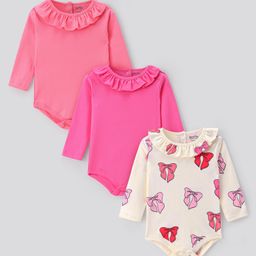 Bonfino 100% Cotton Knit Full Sleeves Onesies with Frill Detailing  Solid  & Bow Print Pack of 3 - Pink & White-image-52