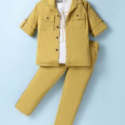 Robo Fry Knit Full Sleeves Solid Colour Shirt & Trouser Set With Text Printed T-Shirt - Mustard-image-22