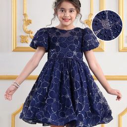 Mark & Mia Woven Half Puff Sleeves Party Frock With Floral & Sequin Embroidery & Beads Detailing - Navy Blue-image-8