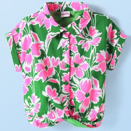 Babyhug Rayon Woven Half Sleeves Collared Floral Printed Shirt Style Top - Pink & Green-image-24