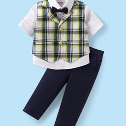 Babyhug Woven Full Sleeves Checks 3 Piece Party Suit With Bow - Olive White & Navy-image-89