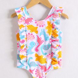 Mark & Mia Sleeveless V Cut Swimsuit with Dino Print- White & Pink-image-60