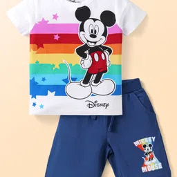 Babyhug Disney Single Jersey Knit Half Sleeves Shorts Night Suit with Mickey Mouse Graphics - Blue & White-picture-5