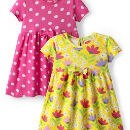 Babyhug Single Jersey Knit Half Sleeves Anti Bacterial Frocks with Heart & Bunny PrintPack of 2 - Dark Pink & Yellow-image-68