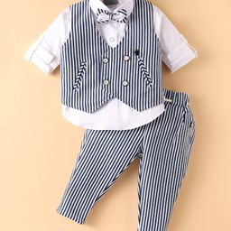 Dapper Dudes Full Sleeves Solid Shirt With Striped Waistcoat Pant & Bow Set - Navy Blue-image-57