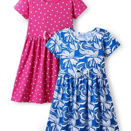 Honeyhap Premium Cotton Knit Half Sleeves Polka Dot & Floral Printed Frocks With Bow Applique Pack of 2 - Ibiza Blue & Phlox Pink-image-78
