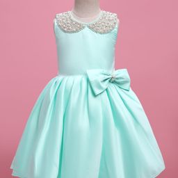 Enfance Sleeveless Pearl Embellished Bow Applique Knee Length Dress - Green-image-26