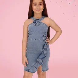 Cutecumber Sleeveless Floral Applique Denim Dress - Blue-picture-16