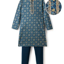 EARTHY TOUCH Single Jersey Knit Full Sleeves Kurta Pajama Set With Floral Print - Teal Blue-image-51