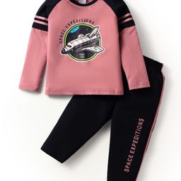 Taeko Single Jersey Knit Full Raglan Sleeves T-Shirt & Pant With Space Theme Print - Pink & Black-image-4