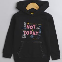 BUMZEE Fleece Knit Full Sleeves Text Printed Hooded Sweatshirt With Kangaroo Pockets - Black-image-80