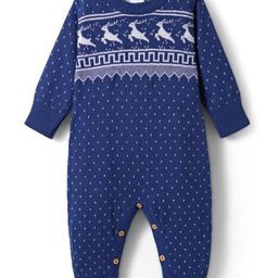 Babyhug Cotton Knit Full Sleeves Winter Wear Romper with Polka Dot & Fair Isle Design - Navy Blue-picture-3