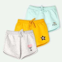 Ariel Cotton Knit Pack Of 3 Heart & Little Star Text Printed Shorts - Blue Yellow & Grey-image-73