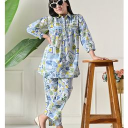Bella Moda Cotton Woven Three Fourth Sleeves Floral Printed Shirt Style Top & Coordinating Pant Set - Blue-picture-19