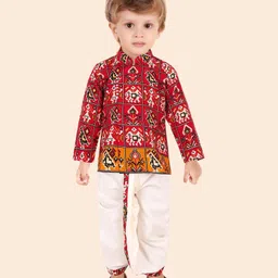 little desi Cotton Woven Full Sleeves Abstract Printed Dhoti Kurta Set - Red-picture-12