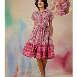 Zelena 100% Cotton Woven Half Sleeves Floral Printed Maternity Shirt Style Dress With Centre Front Access - Multi Colour-picture-41
