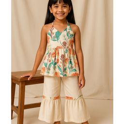 Tales & Stories Viscose Woven Sleeveless Floral Printed Kurti & Sharara Set - Multicolor-picture-8