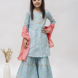 JAANYA Girls Floral Printed Regular Gotta Patti Kurta with Sharara & With Dupatta-image-6