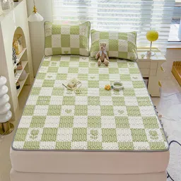 JC HOME Green & White Geometric 160 TC Fitted King Bedsheet with 2 Pillow Covers-image-61