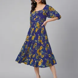 Janasya Floral Print Georgette Fit & Flare Midi Dress-image-35