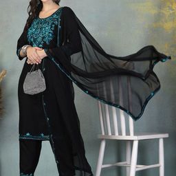 Clora Creation Floral Embroidered Thread Work Kurta With Trousers & Dupatta image 4