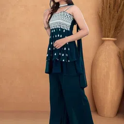 PARROT CREATION Floral Embroidered Georgette A-Line Kurti With Palazzos And Dupatta image 4