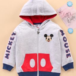 Babyhug Full Sleeves Hooded Sweat Jacket with Mickey Mouse Print & Applique - White Melange-image-63