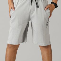 Kiddopanti Text Printed Knit Shorts With Zipper Pocket - Grey Melange-image-78