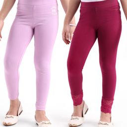 Honeyhap Premium Cotton Elastane Full Length Super Soft & Stretchable Legging With Bio Finish Solid Color Pack Of 2  - Orchid Bouquet & Red Plum-image-34