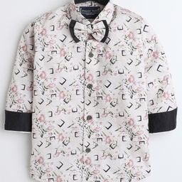 Polka Tots Full Sleeves Floral Abstract Printed Party Shirt With Attracted Dual Bow Tie Shirt  - Beige-image-25