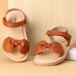 Babyoye Solid Sandals With Velcro Closure & Bow Applique- Brown-picture-5
